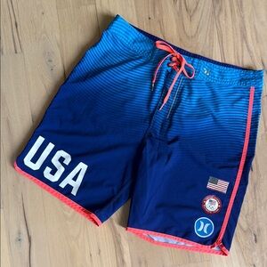 Hurley Blue and Red Board Shorts with USA Patch